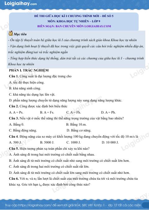 Đề thi giữa kì 1 KHTN 9 Cánh diều - Đề số 5